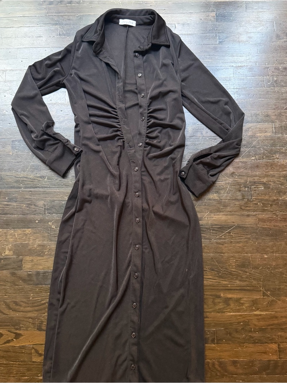 emory park Black Long-Sleeve Button Ruched Shirt Dress